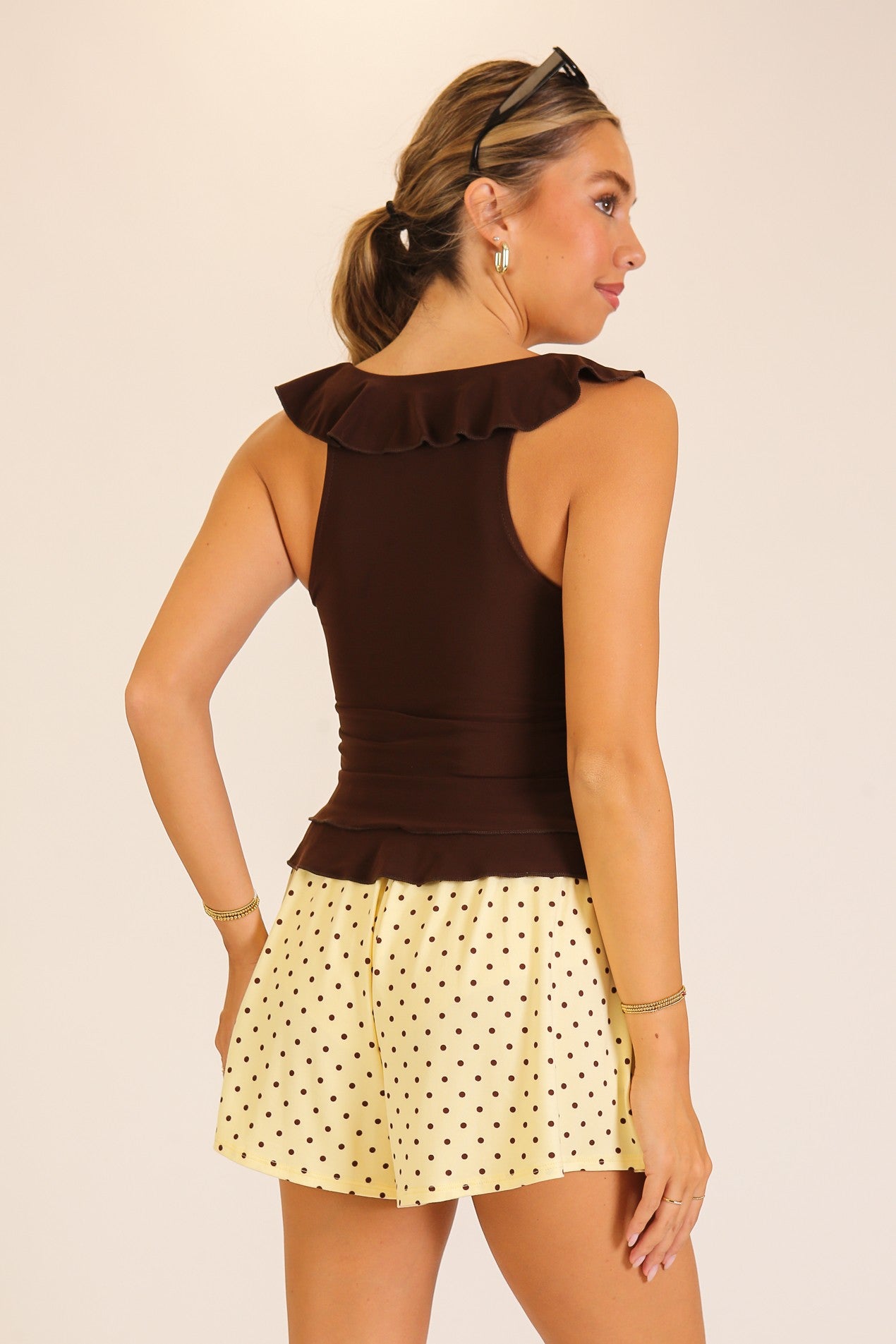 Sweet Escape Ruffle Top- Brown