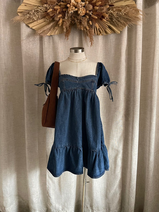 beyond denim dress ASOS LUXE Curve denim corseted skater mini dress with bow back in mid wash blue