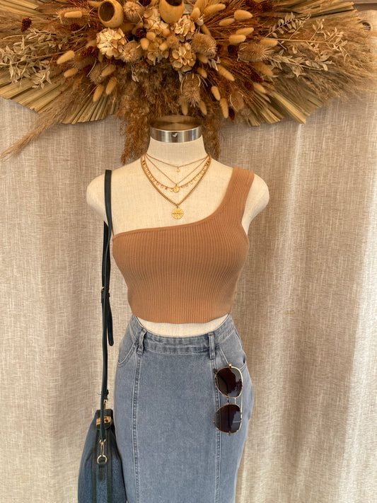 Your Love One Shoulder Crop Tank-Khaki