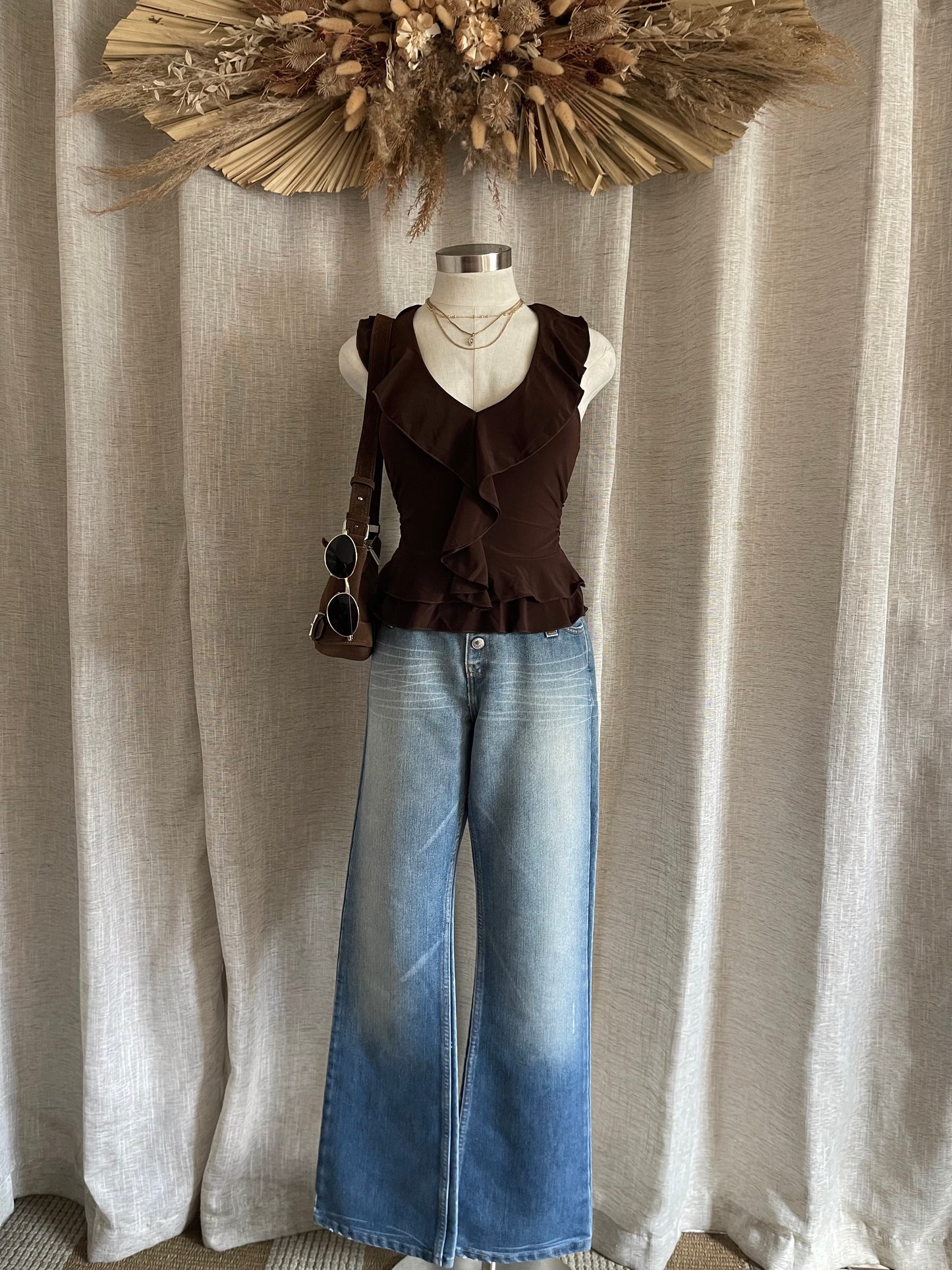 Sweet Escape Ruffle Top- Brown