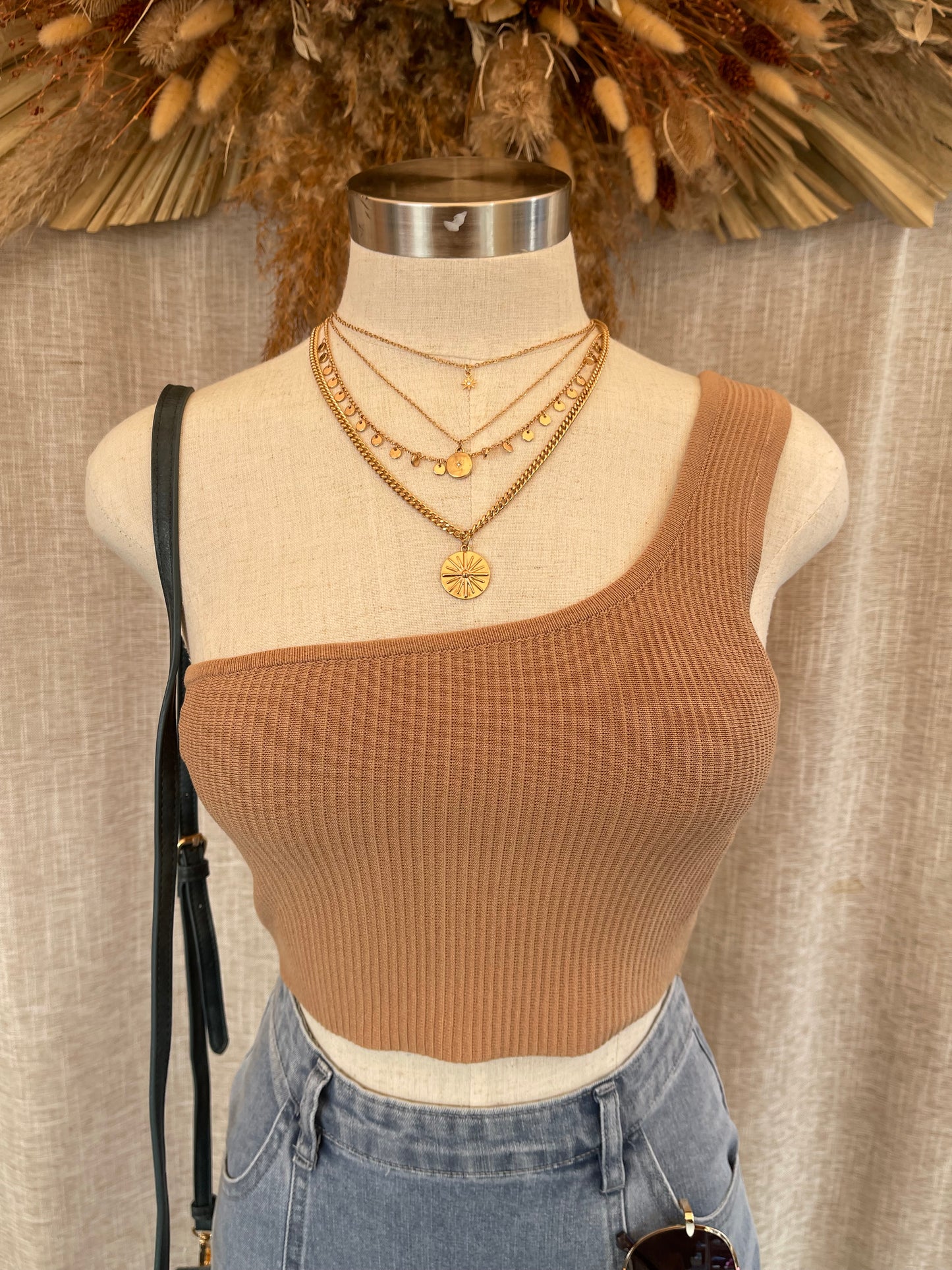 Your Love One Shoulder Crop Tank-Khaki