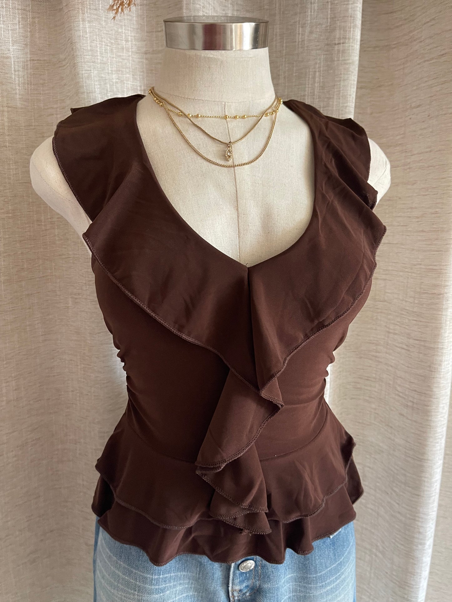 Sweet Escape Ruffle Top- Brown